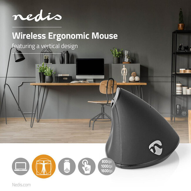 Nedis Ergonomische Kabellose USB-Maus - 800-1600 DPI / Schwarz