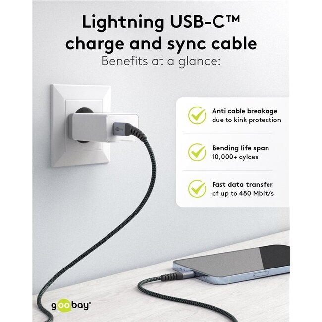 Goobay 8-Pin Lightning auf USB-C Kabel - USB 2.0 - 60W - Nylon - 1 Meter