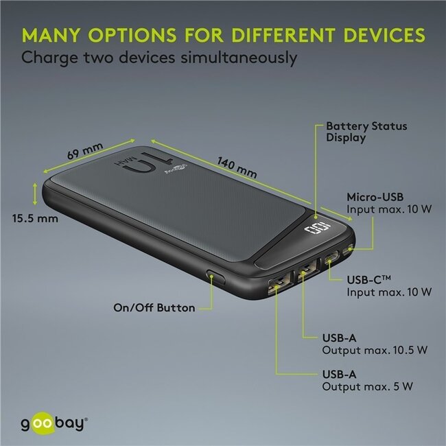 Goobay Slim Powerbank 10.000 mAh mit 2x USB-A (max. 2,1A) – Schwarz
