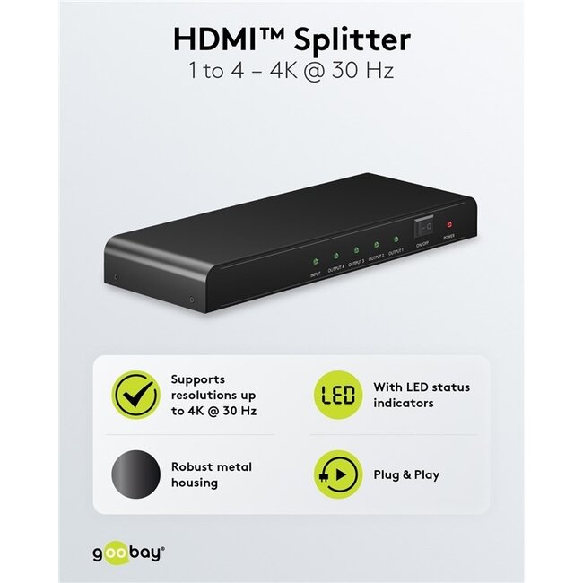 Goobay HDMI-Splitter 1 auf 4 - HDMI 1.4 (4K 30Hz) / Schwarz