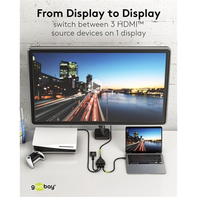 Goobay HDMI Umschalter 3 zu 1 - HDMI1.4 (4K 30Hz) / Schwarz - 0,50 m