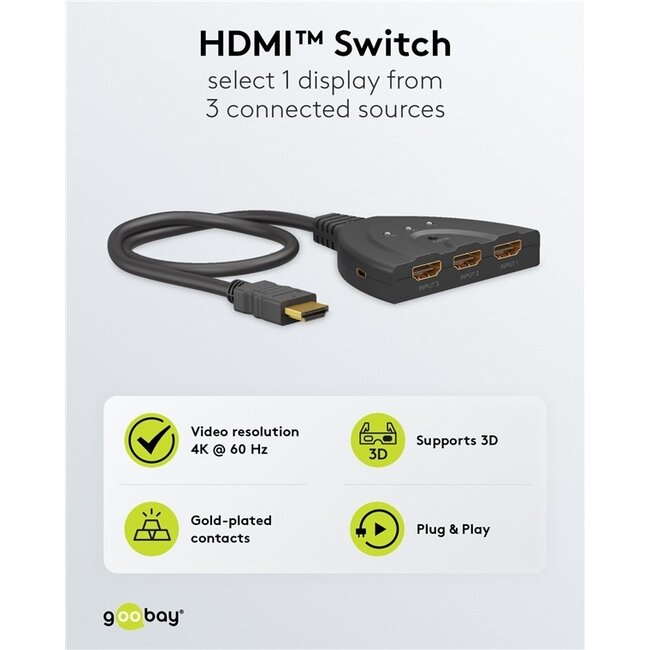 Goobay HDMI Umschalter 3 zu 1 - HDMI 2.0 (4K 60Hz + HDR) / Schwarz - 0,50 m