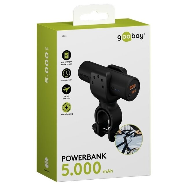 Goobay Fahrrad Powerbank Fast Charge 5.000 mAh, 1x USB-A & 1x USB-C, schwarz