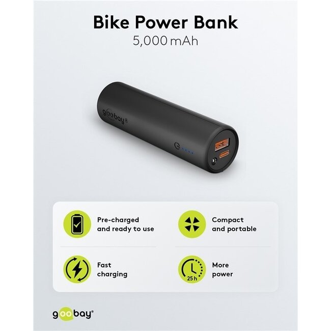 Goobay Fahrrad Powerbank Fast Charge 5.000 mAh, 1x USB-A & 1x USB-C, schwarz