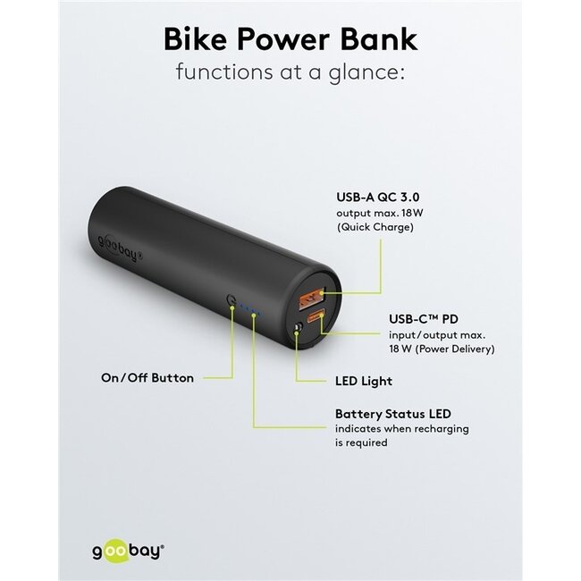 Goobay Fahrrad Powerbank Fast Charge 5.000 mAh, 1x USB-A & 1x USB-C, schwarz