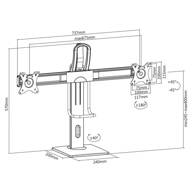 My Wall Monitorständer für 2 Monitore bis 27 Zoll – Crossbar / Full Motion mit Federmechanismus / Schwarz