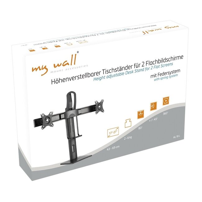 My Wall Monitorständer für 2 Monitore bis 27 Zoll – Crossbar / Full Motion mit Federmechanismus / Schwarz