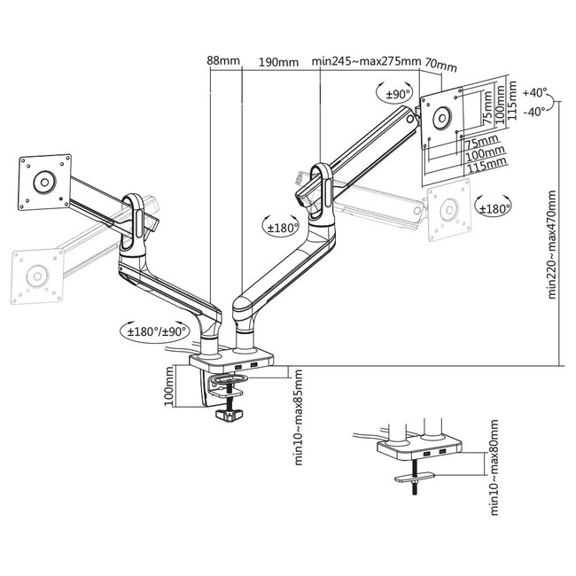My Wall Schreibtischhalterung für 2 Monitore bis 32 Zoll / interaktiv / 2 USB-Anschlüsse / schwarz/silber