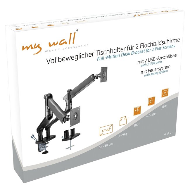My Wall Schreibtischhalterung für 2 Monitore bis 32 Zoll / interaktiv / 2 USB-Anschlüsse / schwarz/silber