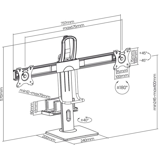 My Wall Monitorständer für 2 Monitore bis 27 Zoll & Mini-PC – Full Motion mit Federmechanismus, Schwarz