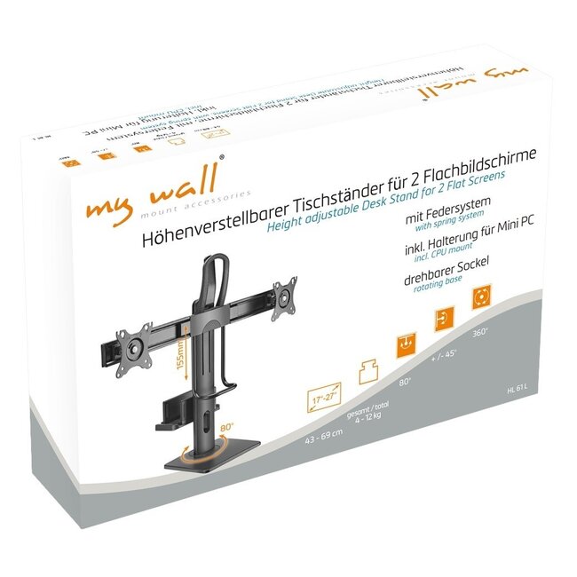 My Wall Monitorständer für 2 Monitore bis 27 Zoll & Mini-PC – Full Motion mit Federmechanismus, Schwarz