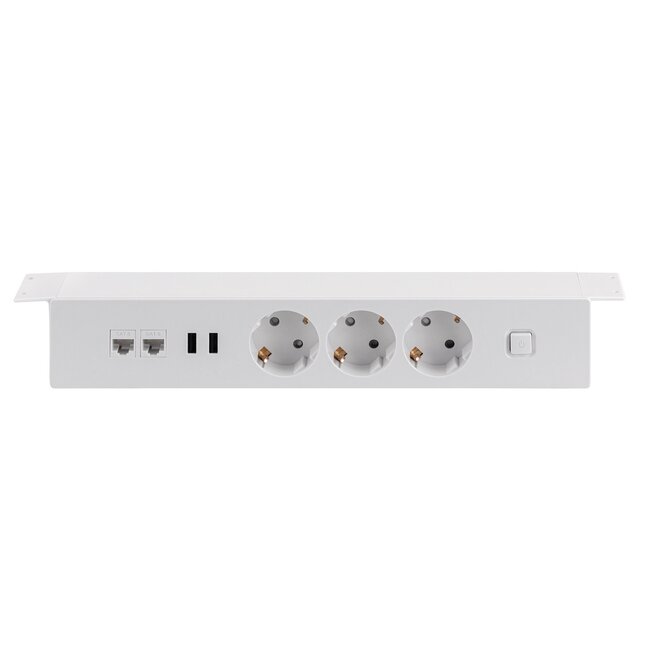 MaxTrack Steckdosenleiste mit 3 Steckplätzen, 2x USB & 2x RJ45 – Weiß, 1,8 m – für unter den Schreibtisch