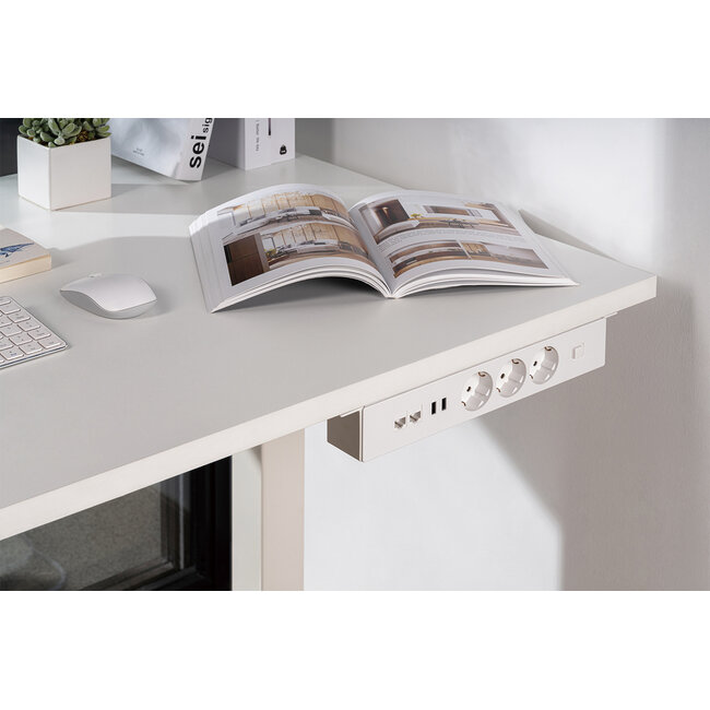 MaxTrack Steckdosenleiste mit 3 Steckplätzen, 2x USB & 2x RJ45 – Weiß, 1,8 m – für unter den Schreibtisch