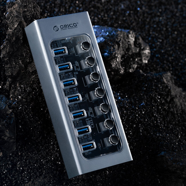 Orico 7-Port USB 3.0 Hub mit Ein/Aus-Schaltern, externes 12V Netzteil, Grau, 1 Meter