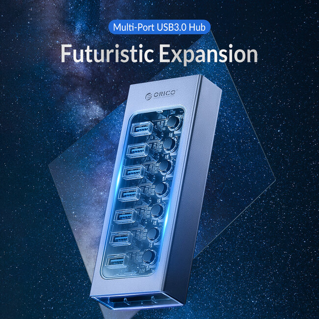 Orico 7-Port USB 3.0 Hub mit Ein/Aus-Schaltern, externes 12V Netzteil, Grau, 1 Meter