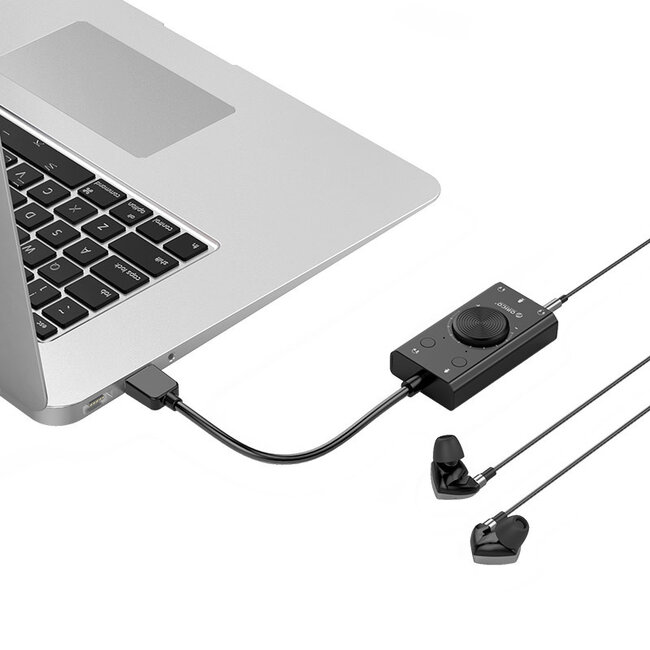 Orico USB-A auf 3x 3,5mm OMTP Headset Audio Adapter mit Lautstärkeregler, Schwarz - 0,10 m