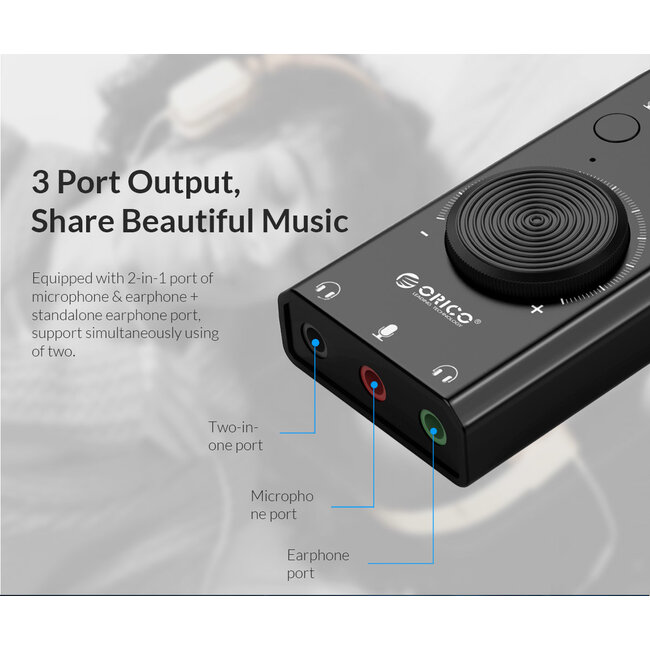 Orico USB-A auf 3x 3,5mm OMTP Headset Audio Adapter mit Lautstärkeregler, Schwarz - 0,10 m