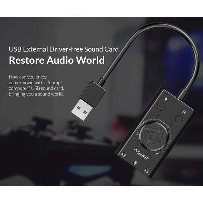 Orico USB-A auf 3x 3,5mm OMTP Headset Audio Adapter mit Lautstärkeregler, Schwarz - 0,10 m