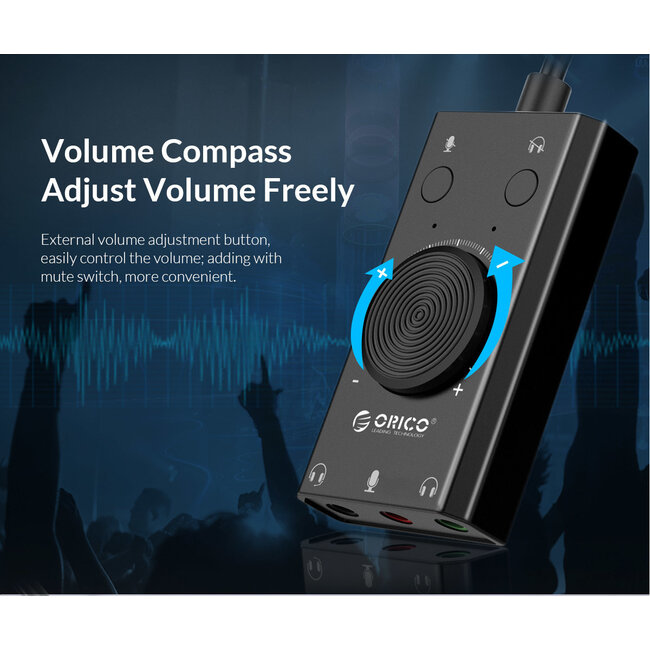 Orico USB-A auf 3x 3,5mm OMTP Headset Audio Adapter mit Lautstärkeregler, Schwarz - 0,10 m