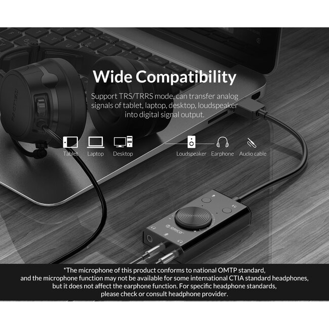 Orico USB-A auf 3x 3,5mm OMTP Headset Audio Adapter mit Lautstärkeregler, Schwarz - 0,10 m