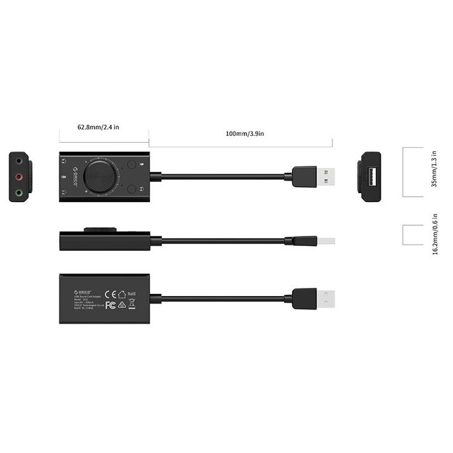 Orico USB-A auf 3x 3,5mm OMTP Headset Audio Adapter mit Lautstärkeregler, Schwarz - 0,10 m