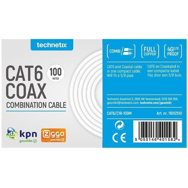 Technetix CAT6 UTP/COAX-18 4G/LTE-sicher Kombikabel Innen Weiß - 100m Rolle
