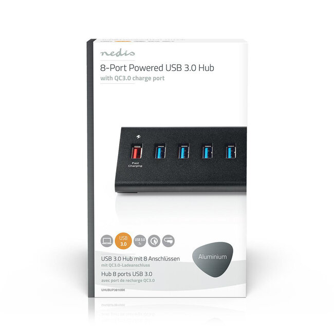 Nedis USB 3.0 Hub 8 Ports mit Quick Charge 3.0, 12V Netzteil, 1m, Schwarz