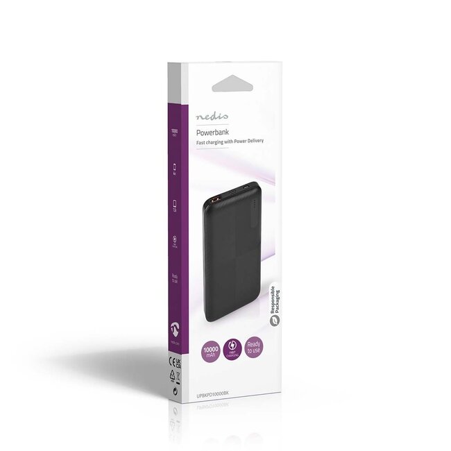 Nedis Powerbank Fast Charge 10.000 mAh mit 1x USB-A & 1x USB-C (max. 3A) – Schwarz