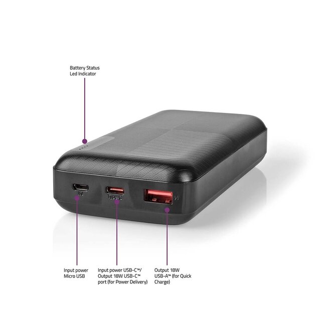 Nedis Powerbank Fast Charge 20.000 mAh, 1x USB-A & 1x USB-C (max. 3A) – Schwarz