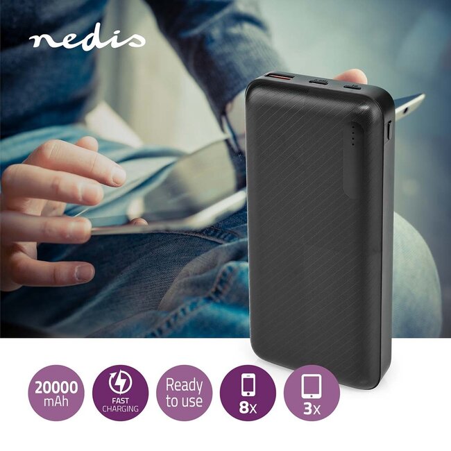 Nedis Powerbank Fast Charge 20.000 mAh, 1x USB-A & 1x USB-C (max. 3A) – Schwarz