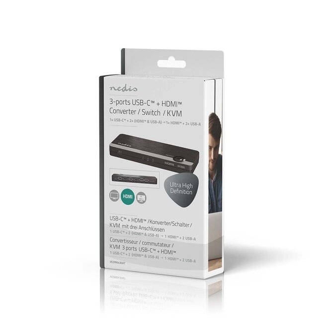 Nedis 2x HDMI/USB-A + 1x USB-C auf 1x HDMI/USB-A KVM Switch – HDMI 2.0 (4K 60Hz + HDR) / Schwarz