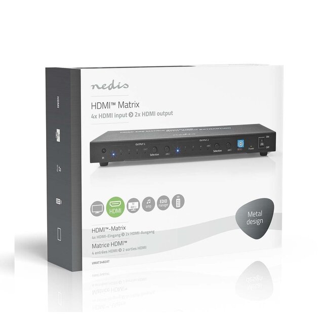 Nedis HDMI Matrix Umschalter 4x2 mit Audio Extractor & ARC Konverter - HDMI 2.0 (4K 60Hz + HDR) / Schwarz