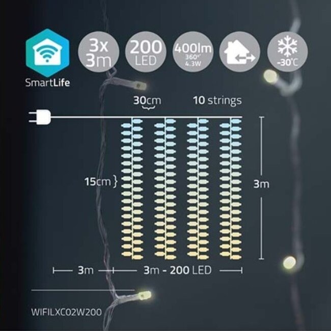 Nedis SmartLife Wi-Fi LED-Lichtvorhang 10x3m - 200 LEDs, Warm- bis Kaltweiß