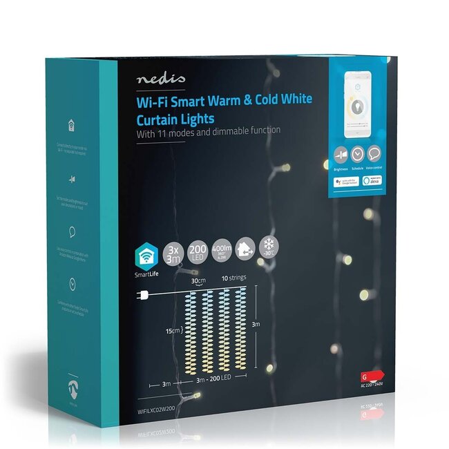 Nedis SmartLife Wi-Fi LED-Lichtvorhang 10x3m - 200 LEDs, Warm- bis Kaltweiß