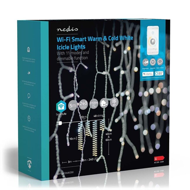 Nedis SmartLife Wi-Fi LED-Eiszapfenvorhang - 48x 0,4m/0,6m - 240 LEDs / Warm- bis Kaltweiß