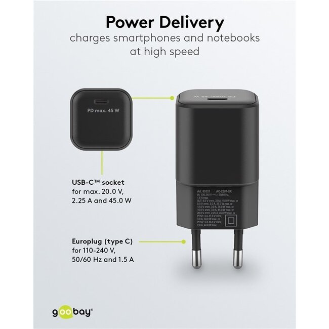 Goobay Heimladegerät 1x USB-C PD 45W GaN Schwarz