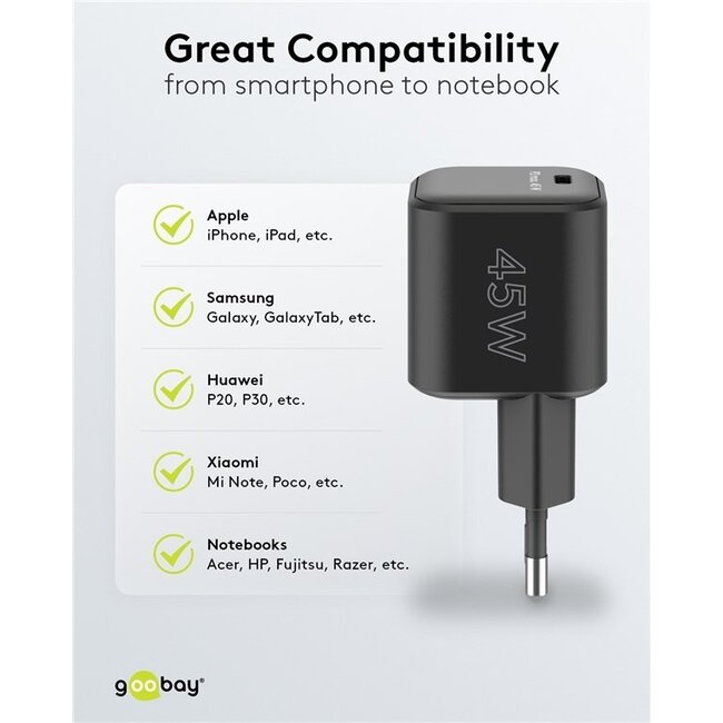 Goobay Heimladegerät 1x USB-C PD 45W GaN Schwarz