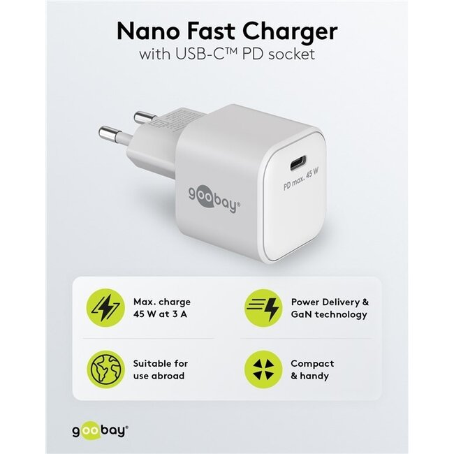 Goobay Heimladegerät mit 1 USB-C PD Port | GaN | 45W | Weiß