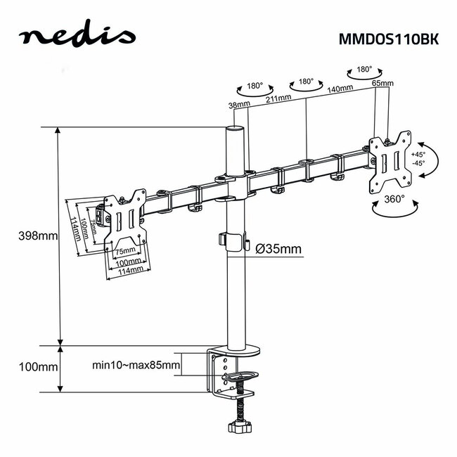 Nedis Schreibtischhalterung für 2 Monitore bis 32 Zoll | Full Motion