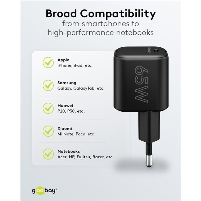 Goobay Heimladegerät 65W GaN mit 1 USB-C PD Port, Schwarz