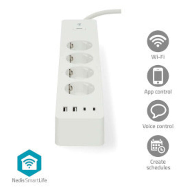 SmartLife Steckdosenleiste | Wi-Fi | Hybrid (CEE 7/7) / USB-A / USB-C™ | 16 A | 3680 W | 2,00 m | 0 - 55 °C | Android™ / iOS | Weiß