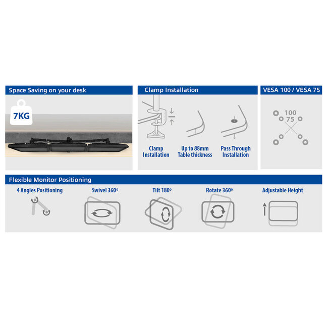 ACT Schreibtischhalterung für 3 Monitore bis 27 Zoll | Full Motion
