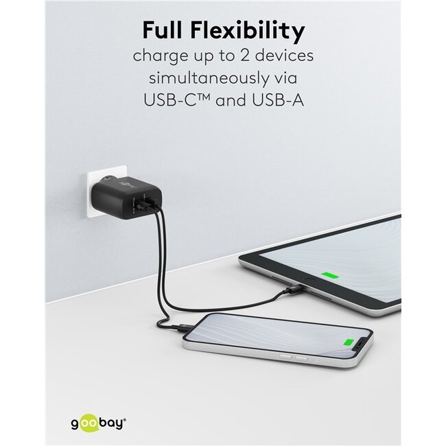 Goobay Heimladegerät 1x USB-C PD + 1x USB-A GaN 45W Schwarz
