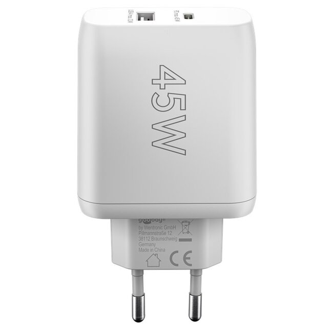 Goobay Heimladegerät 1x USB-C PD + 1x USB-A GaN 45W Weiß