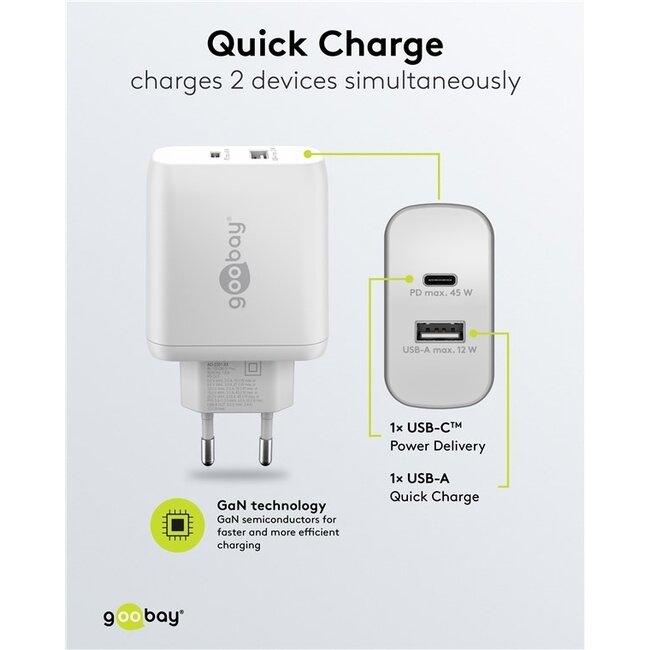 Goobay Heimladegerät 1x USB-C PD + 1x USB-A GaN 45W Weiß