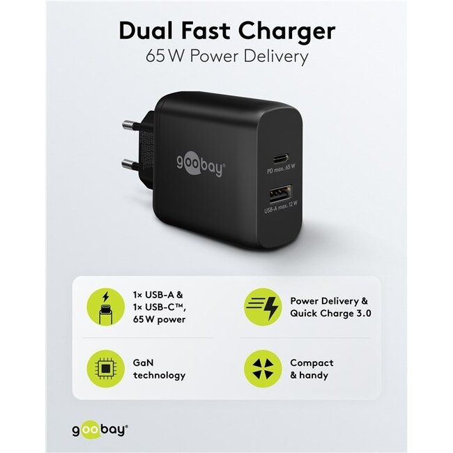 Goobay Heimladegerät 65W mit 1x USB-C PD & 1x USB-A, GaN, Schwarz