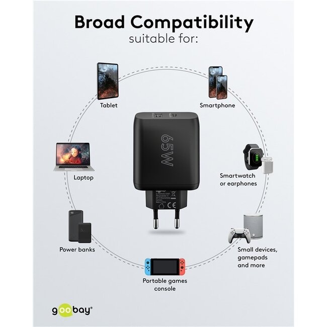 Goobay Heimladegerät 65W mit 1x USB-C PD & 1x USB-A, GaN, Schwarz