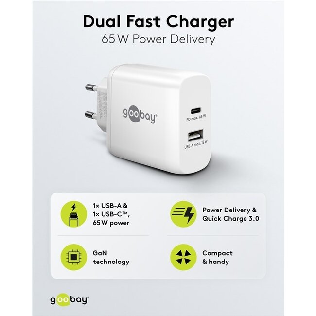 Goobay Heimladegerät 65W GaN mit 1x USB-C PD & 1x USB-A, Weiß