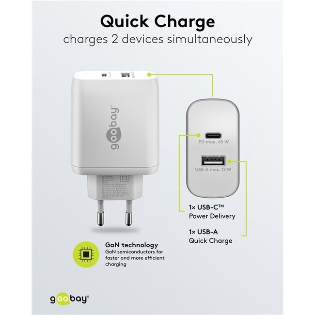 Goobay Heimladegerät 65W GaN mit 1x USB-C PD & 1x USB-A, Weiß