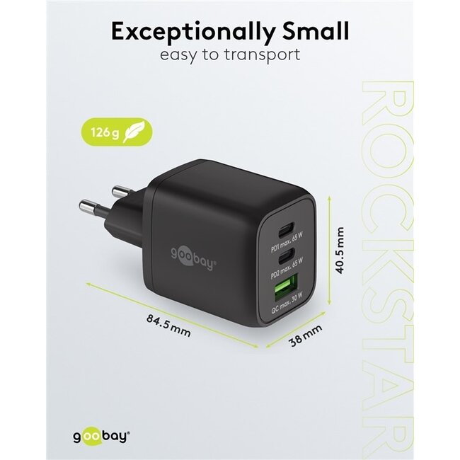 Goobay Nano Heimladegerät 65W 2x USB-C PD + 1x USB-A QC GaN Schwarz